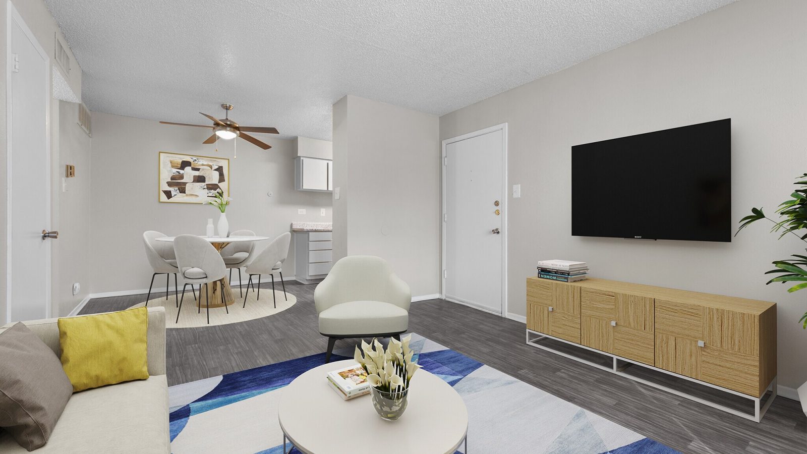 a rendering of a living room with a blue rug at The Northwood Apartments