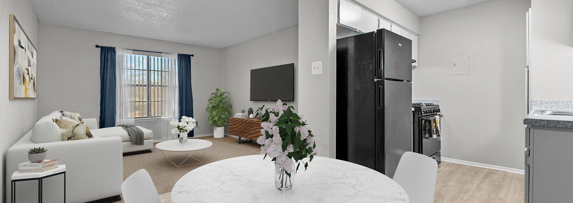 a rendering of a living room and dining room at The Northwood Apartments